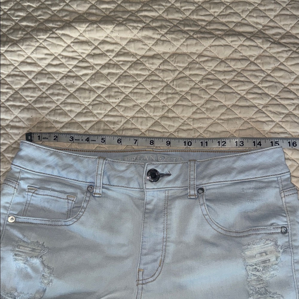 American Eagle Midi 12 Light Blue Distressed Jean Shorts - Picture 8 of 8